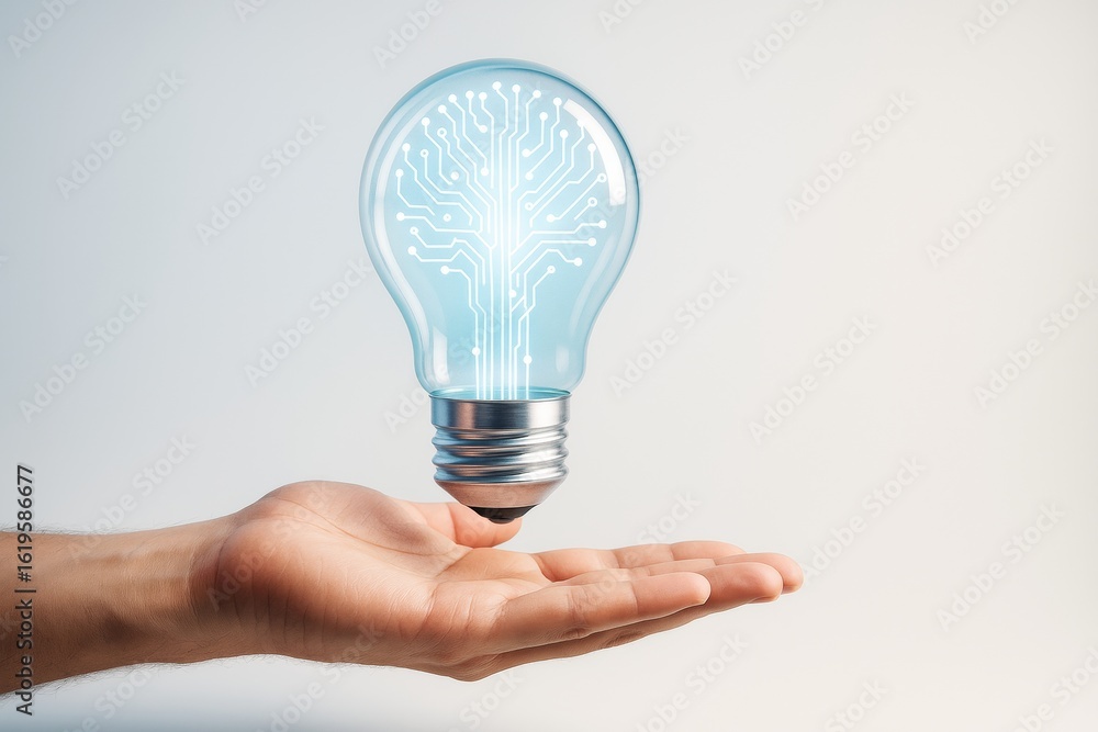 Poster creative technology concept showing a glowing light bulb with circuit tree above a human hand on sof