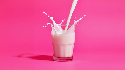 Lab Milk. essence A2a2 Plant Colostrum powder Lactose-free Remilk Sproud Change Foods Bored Cow Glass of white splash on bright pink background, fresh