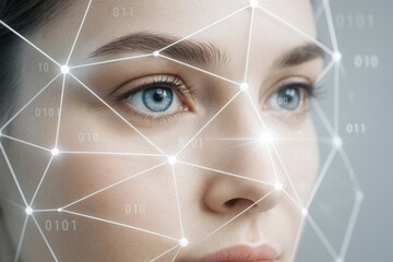 Close-up of woman's face with digital facial recognition grid and glowing nodes on light gray background representing modern biometric technology.