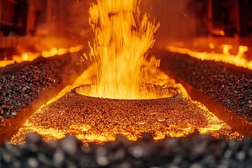 Steel forging process creating molten metal with high temperature flames in a foundry