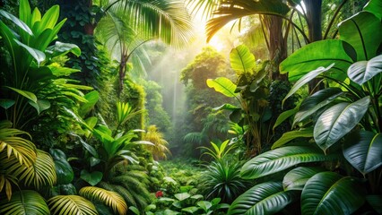 dense foliage and vibrant greenery with exotic plants and vines in a lush jungle environment