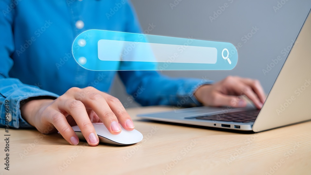Aufkleber searching browsing internet data information with blank search bar, businessman working with smart c
