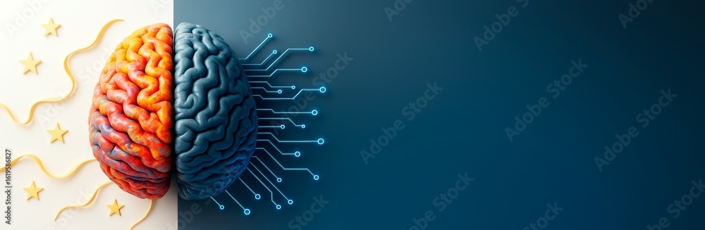 Poster colorful human brain split into artistic and technological sides with circuit lines on blue backgrou