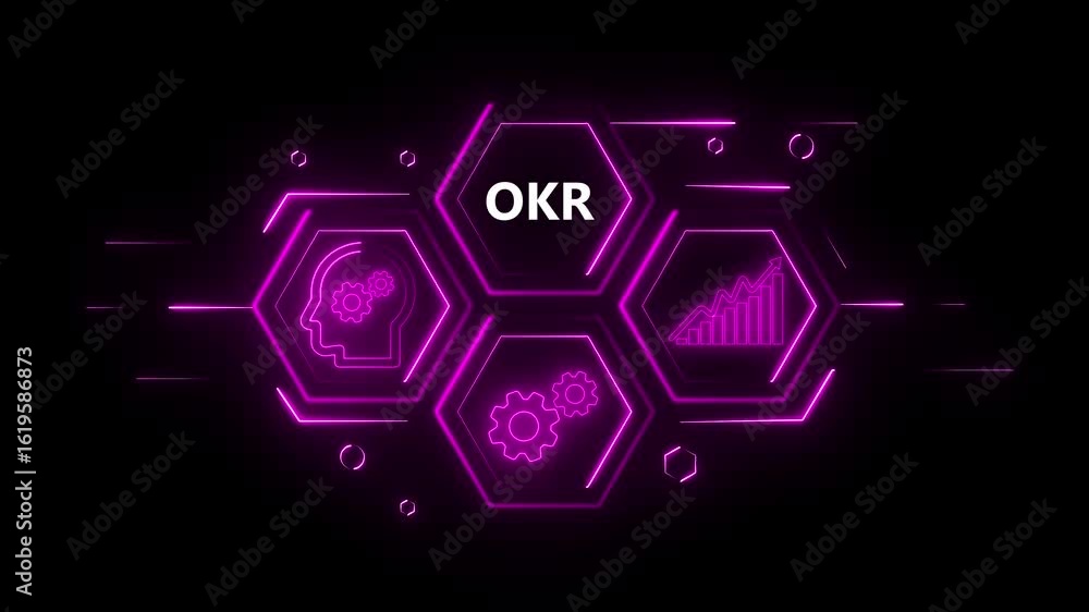 Poster technology business managements. glowing neon text okr with alpha channel. technology and network co