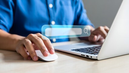 Fototapeta premium Searching Browsing Internet Data Information with blank search bar, businessman working with smart computer on desk in office. SEO, search engine, technology, digital, Networking Concept