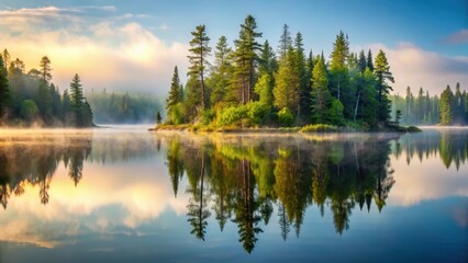 Serene forest with misty atmosphere and lake reflection in Boundary Waters