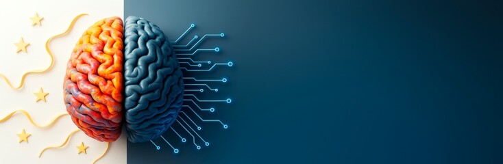 Colorful human brain split into artistic and technological sides with circuit lines on blue background and abstract elements on left side.