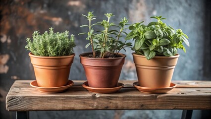 Fototapeta premium Three potted herb plants including rosemary thyme and basil on a rustic wooden shelf