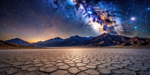 Milky Way illuminates vast expanse of cracked desert landscape beneath towering mountain peaks in Death Valley National Park under starry night sky