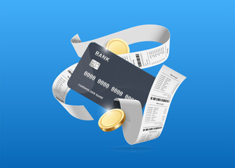 Paper receipts flow out from black credit card or ATM card and there are gold coins or dollars floating in the air around it, vector 3d on blue background for payment online, online shopping concept