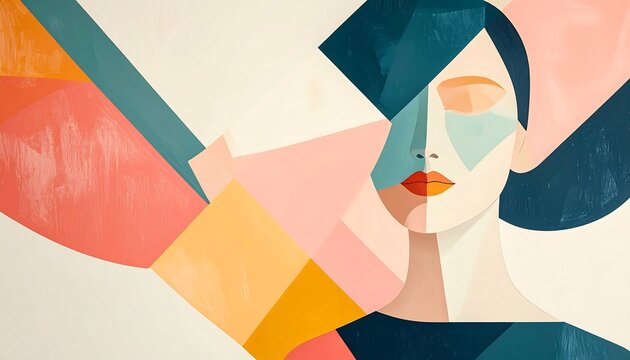 Abstract portrait of a woman, geometric shapes, soft colors