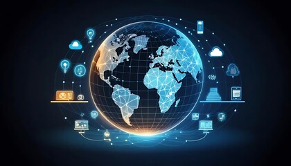 An abstract, blue-toned globe represents a global business concept of digital communication and internet technology with a connected world map