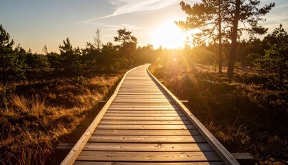 Fototapeta premium Curved wooden path with sunset glow in meadow.