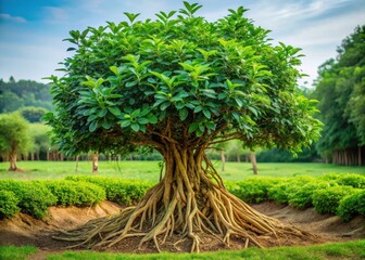 A majestic long shot of a green Ashwagandha plant with a sprawling root system and lush foliage in a natural setting