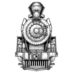 Vintage Steam Locomotive Engine Front View Black and White Illustration