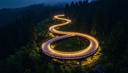 Winding boardwalk glowing at dusk in misty woods.