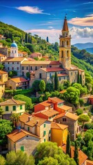 Traditional colorful Mediterranean village nestled in hills with a church tower and terracotta roofs