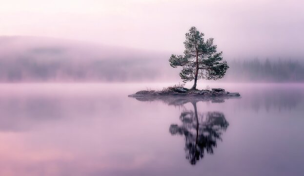 Solitary tree on a misty lake island at dawn, reflected in calm water - Powered by Adobe