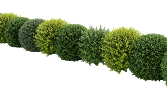 Long line of dense green shrubs and bushes, diverse textures and shades (emerald to lime), some manicured topiary, some wild, on immaculate white seamless background, diffused lighting, no shadows,