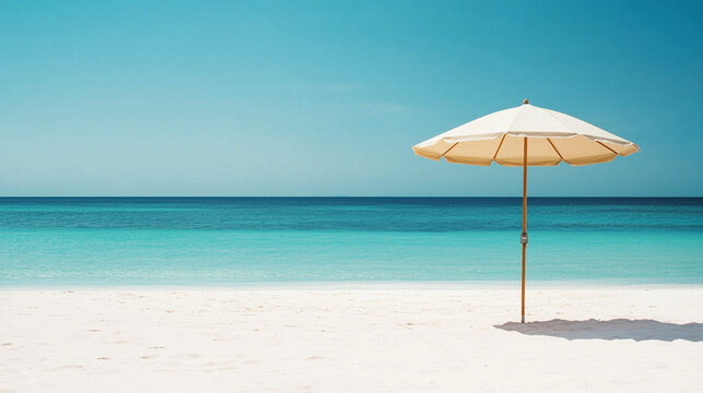 Beige Beach Umbrella on White Sand with Blue Ocean – Summer Coastal Scene