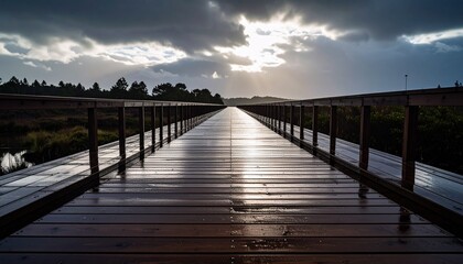 Fototapeta premium Minimalist wooden path under cloudy sky, perspective lines converging in the distance.