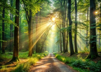 Forest Path with Sunbeams Shining Through Trees