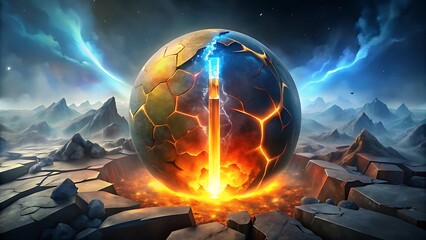 Conceptual Art Of Fractured Earth With Lava Glow And Central Thermometer
