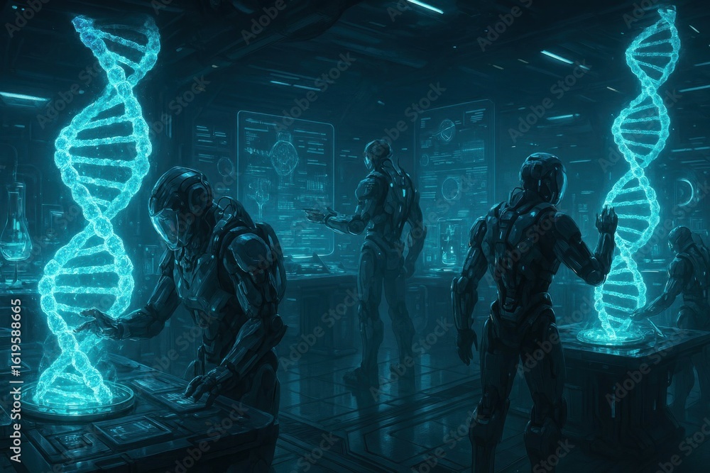 Poster scientists modifying dna structure in futuristic laboratory