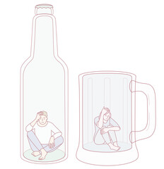 Conceptual illustration depicting people in bottles and mugs, symbolizing confinement and introspection.
