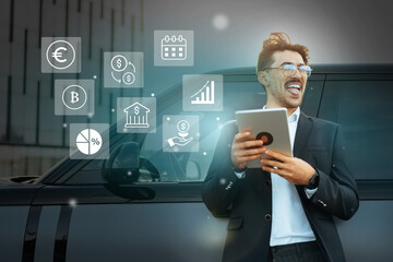 Business professional using technology outdoors while interfacing with financial icons during a...