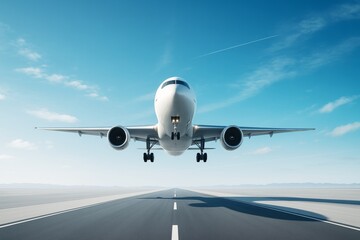 Obraz premium Commercial airplane taking off from runway under clear blue sky with jet engines visible and shadow on the asphalt. Ai generative.