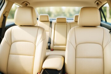 Obraz premium Luxurious beige leather car interior with front and back seats under natural daylight, showcasing modern transport concept and comfort design.