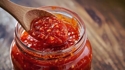 Sambal Oelek Sauce. Spicy red chili paste in glass jar with wooden spo