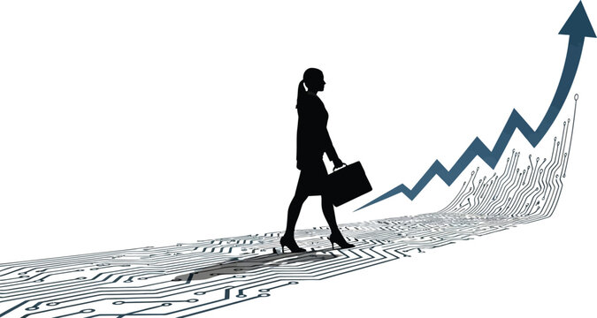 Businesswoman walking on a growth path isolated on white background