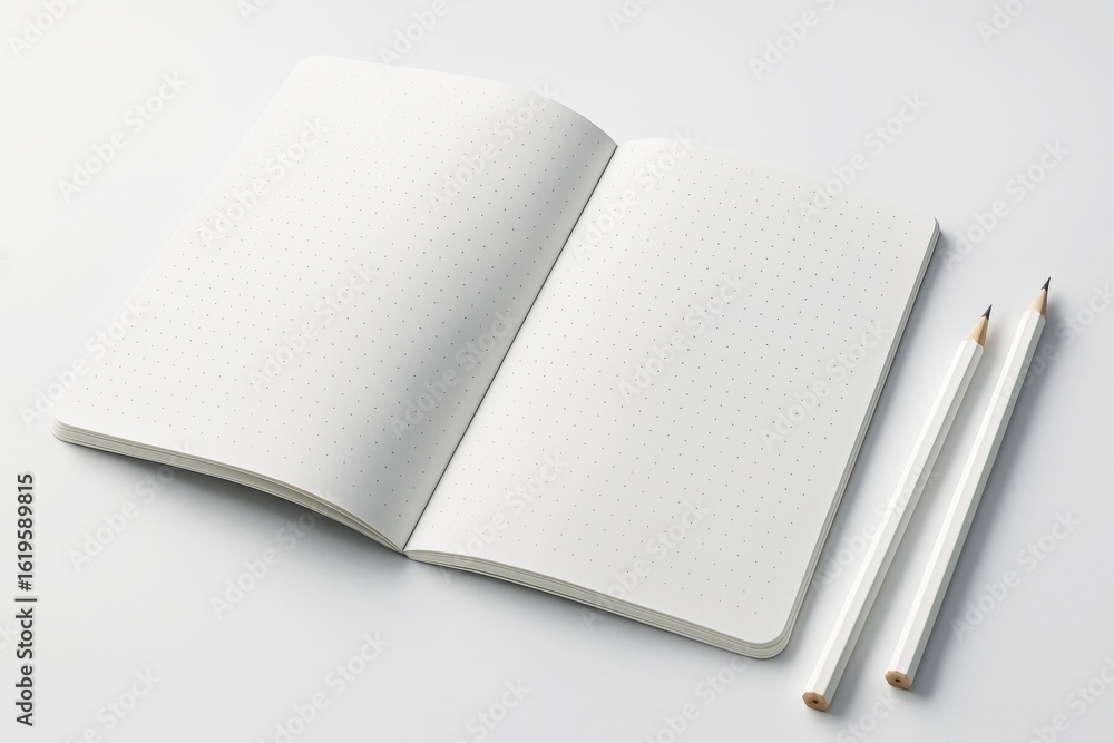 Poster open dotted notebook with white pencils on clean light background for branding and presentation mock