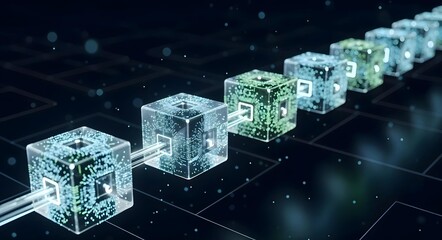 Blockchain concept A 3D visualization of interconnected, glowing blocks forming a secure, decentralized chain. Dark, high-tech background.