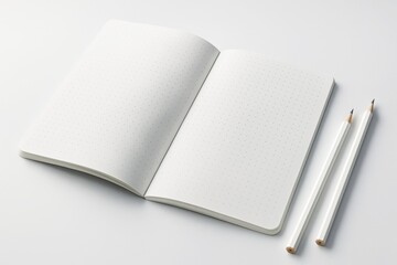 Open dotted notebook with white pencils on clean light background for branding and presentation mockup display in creative advertising layout. Ai generative