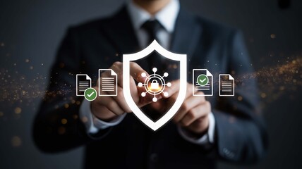 Cybersecurity Expert Protecting Digital Documents with Advanced Security Shield Tech for Business Data Privacy and