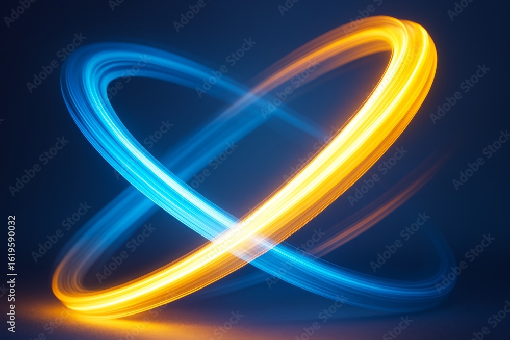Poster abstract glowing light trails in blue and orange forming dynamic overlapping loops on dark backgroun