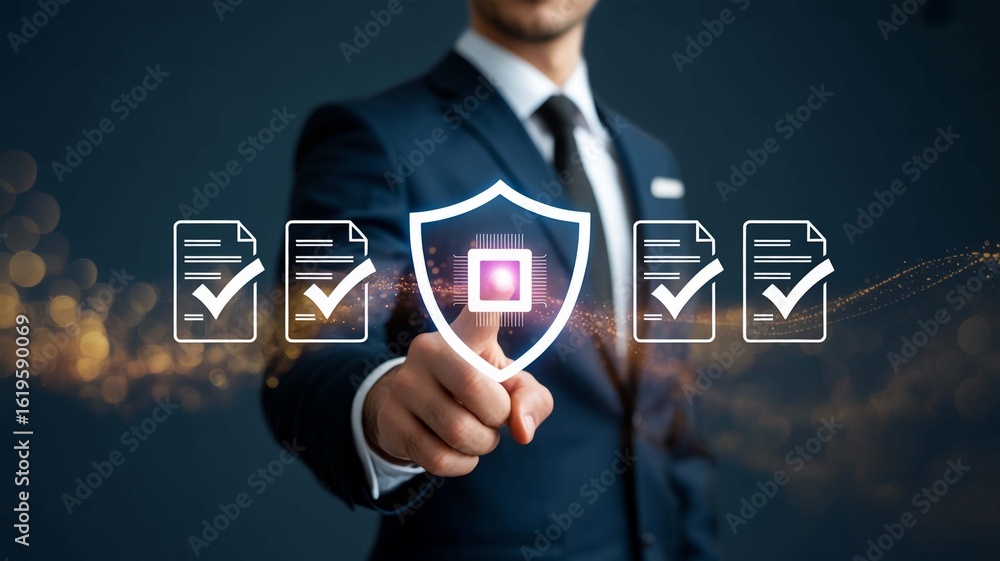 Poster data protection business cyber security network shield man secure technology digital privacy informa