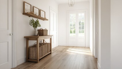 Obraz premium White hallway with light wood console table and decorative elements