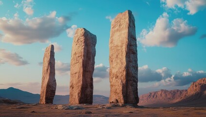 Three tall, light beige stones stand sentinel in a desert landscape under a vibrant sky