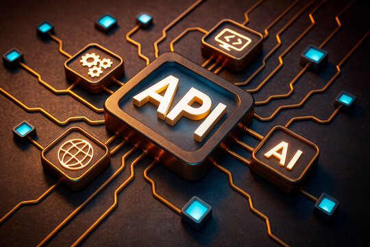 API integration concept with AI, internet, and coding icons connected on a circuit board background with glowing light effects in digital abstract style.