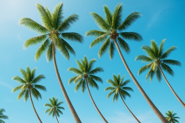 Tropical palm trees under clear blue sky with bright sunlight, ideal for travel and vacation background concept in serene natural environment.