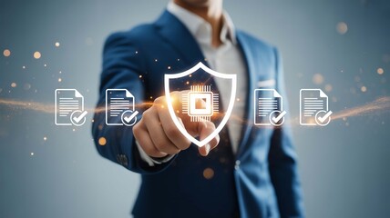 Data Security Protection Man Touching Digital Shield Icon Cyber Security Cloud Computing Information Protection with