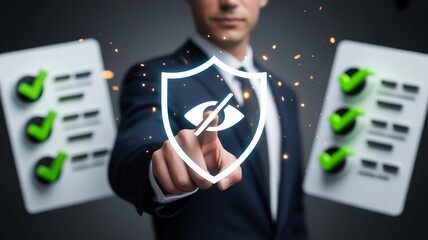 Privacy Shield Protection Business Man Securing Data with Compliance Checklist and Eye Icon for Digital Security