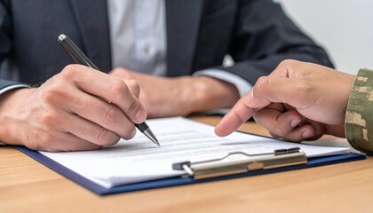 Fototapeta premium A close-up shot of two hands involved in a document signing process, likely a contract