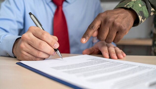 A soldier points as another person signs a document, possibly a contract. The image captures a moment of agreement or collaboration.