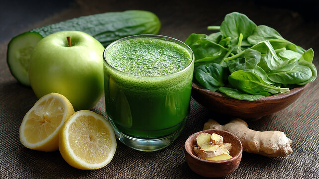 glass green smoothie and spinach, cucumber, apple, tablespoon bowl lemon juice, grated ginger
