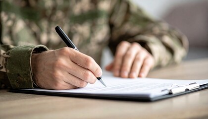 A military person in uniform is signing documents. A close up shot of the action